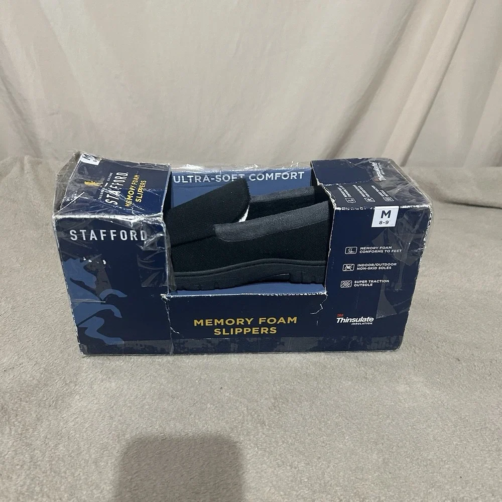 New Stafford Men's Black Memory Foam Slippers Thinsulate Size Medium 8-9 NIB